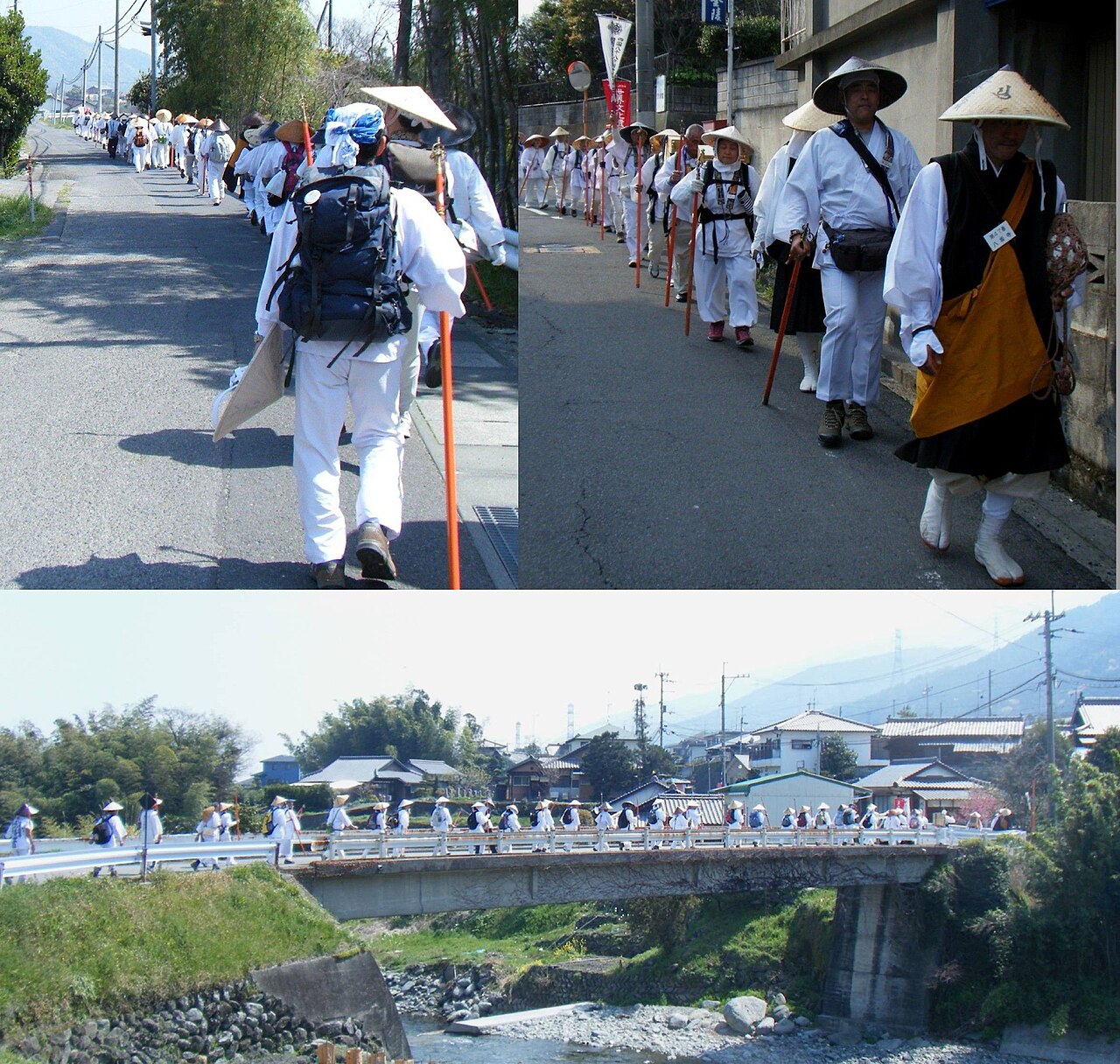 A collage showing pilgrims walking along a road and across a bridge during the Shikoku pilgrimage.