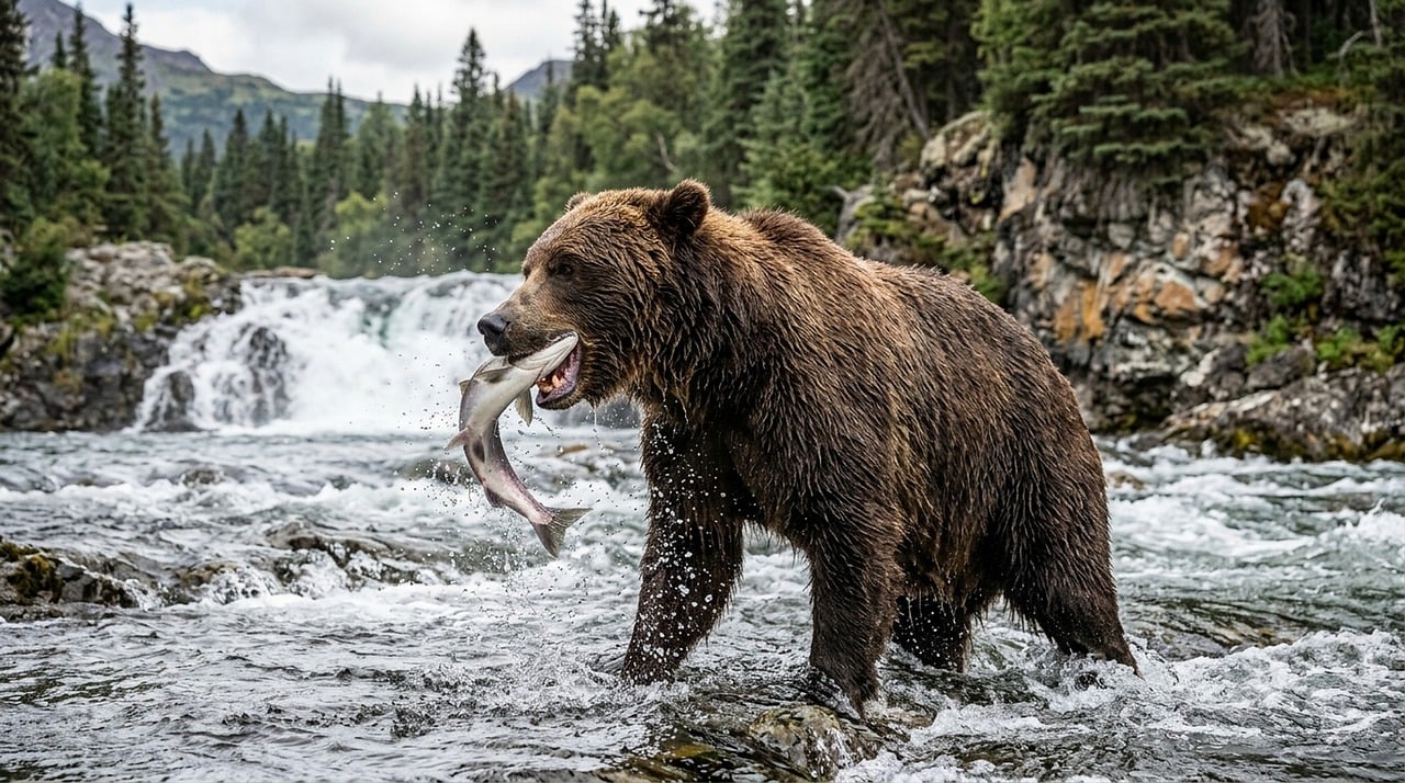 A brown bear standing in a rushing river with a fish in its mouth, with a waterfall in the background.