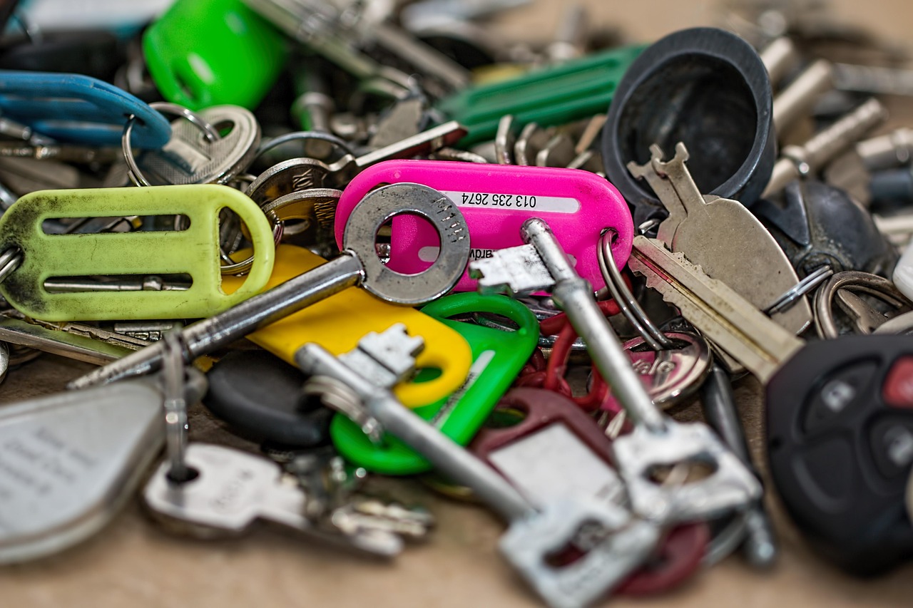A large pile of various metal keys with colorful plastic tags.